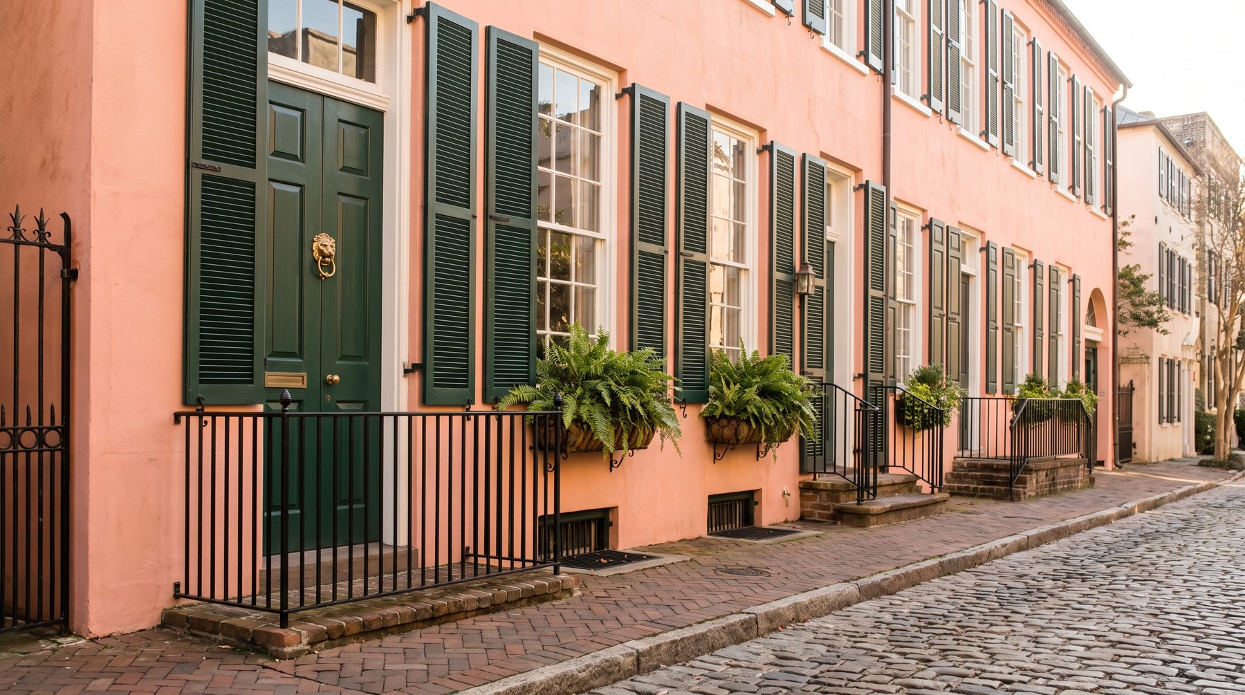 Charleston green shutters and door on a coral Charleston townhouse