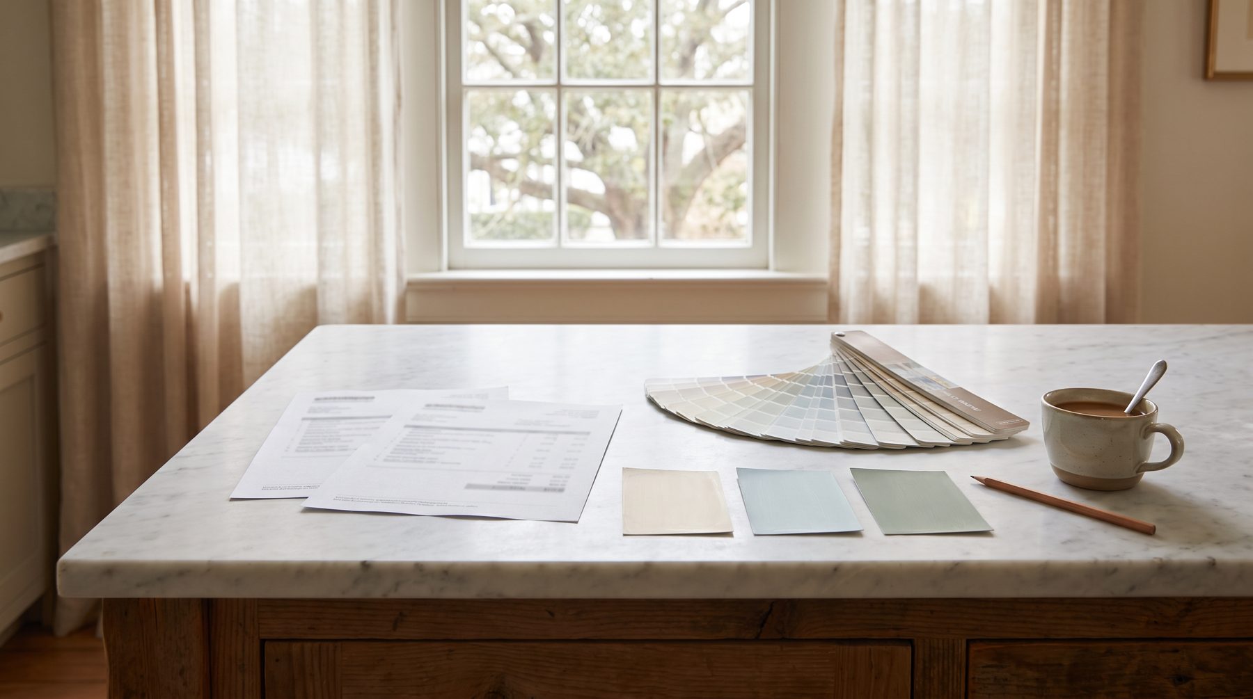 Two printed painting estimates beside a colour fan deck and paint samples on a marble kitchen island