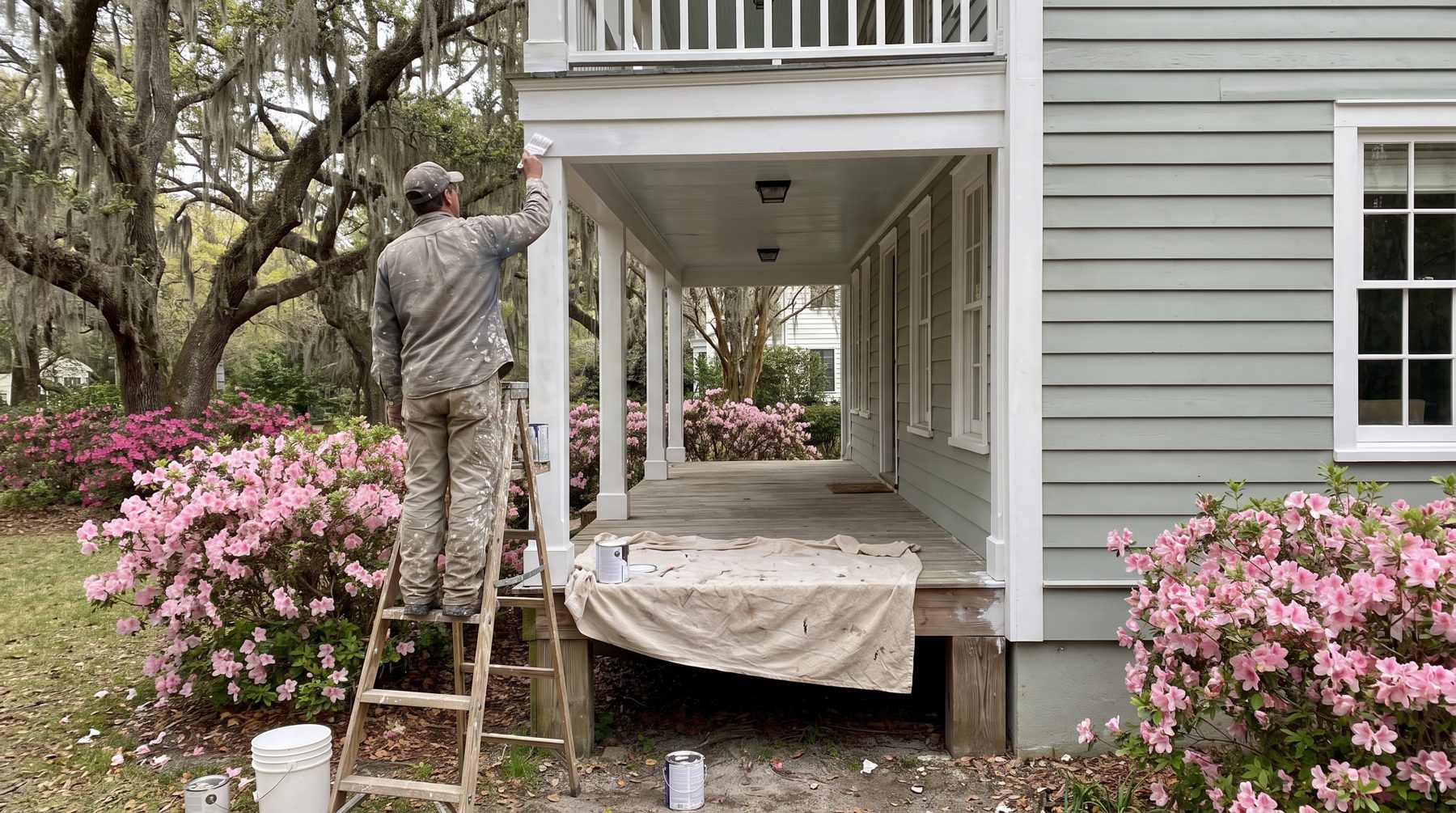 A painter on a stepladder brushing white trim on a Lowcountry porch beside pink azaleas in spring