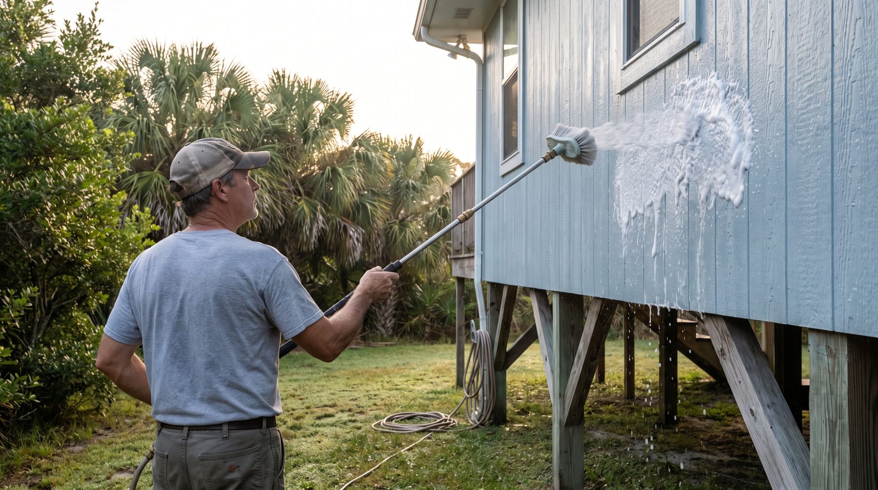 A house washer soft washing light blue siding on a raised coastal home with a low-pressure wand
