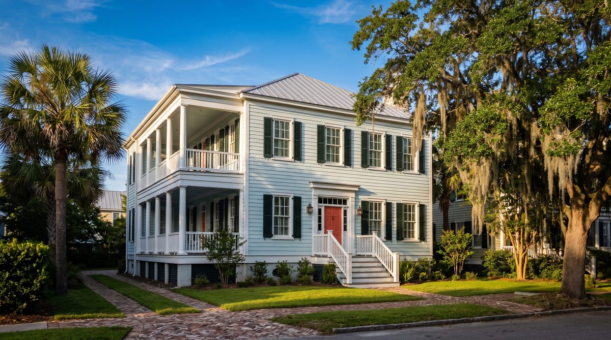 A raised Lowcountry house rendered in haint blue